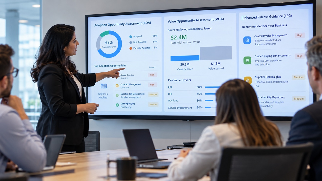 An AI-generated, fictional meeting: a presenter points to a wall screen showing three example panels, an Adoption Opportunity Assessment, a Value Opportunity Assessment and Enhanced Release Guidance, while colleagues watch.